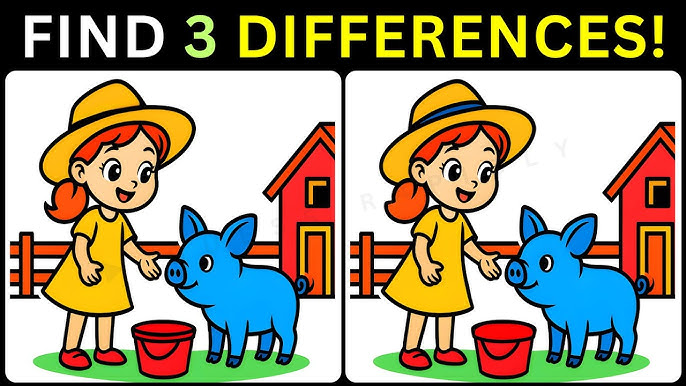 Find the 3 Differences: Can You Spot the Hidden Changes in the Girl and Pig Farm Puzzle?